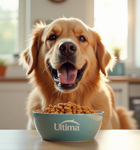 Chien golden retriever mangeant des croquettes Ultima dans une cuisine lumineuse