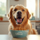 Chien golden retriever mangeant des croquettes Ultima dans une cuisine lumineuse