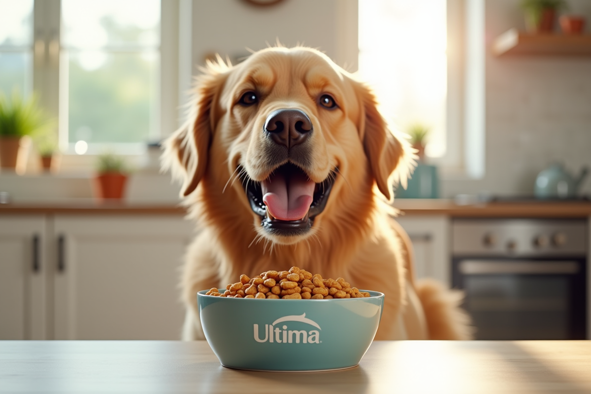 Chien golden retriever mangeant des croquettes Ultima dans une cuisine lumineuse