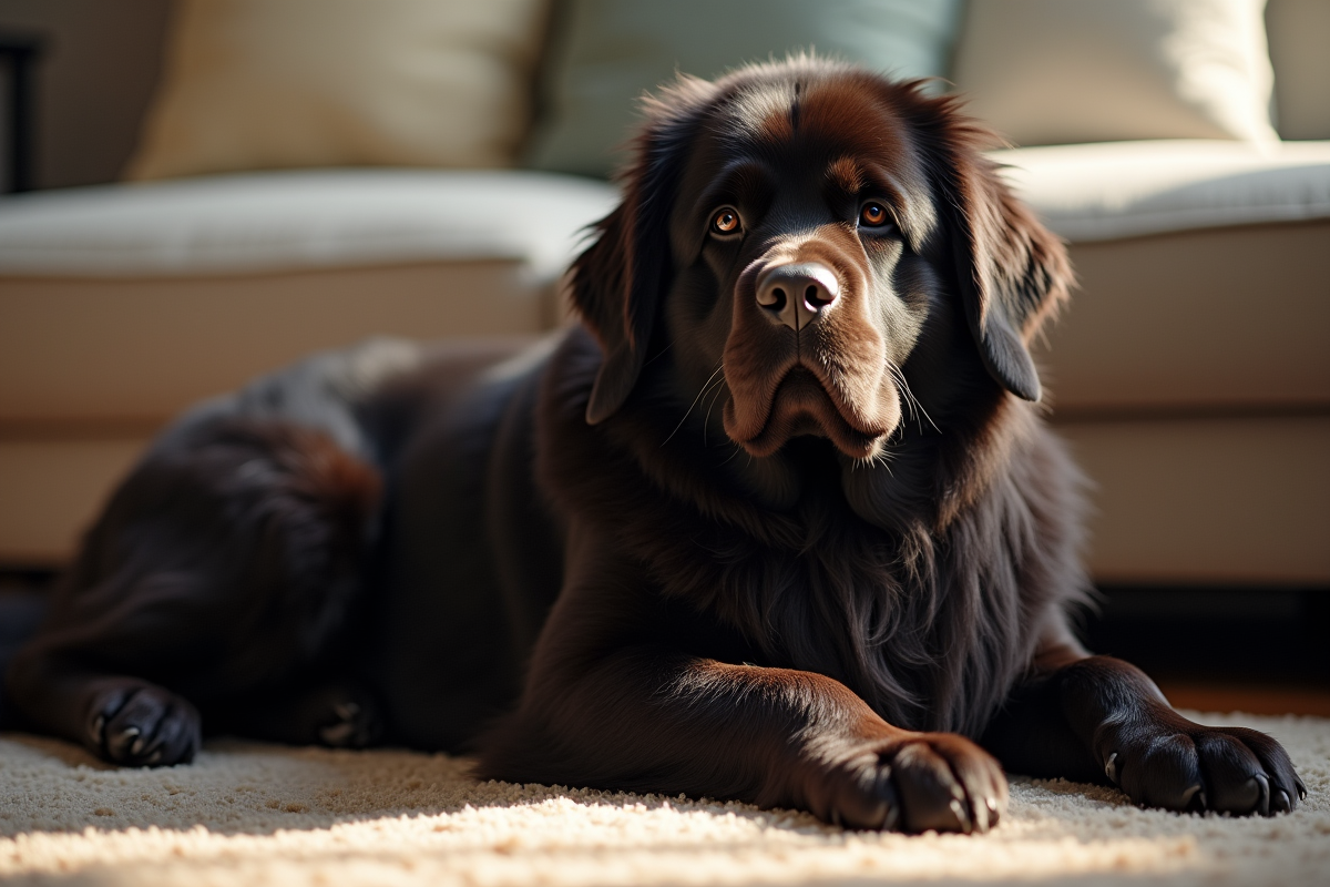 Chien Newfoundland allongé dans un salon intérieur