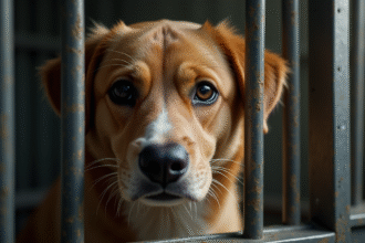 Chien triste regardant à travers la cage d'un refuge
