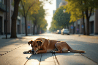 Chien errant reposant sur un trottoir urbain ensoleille