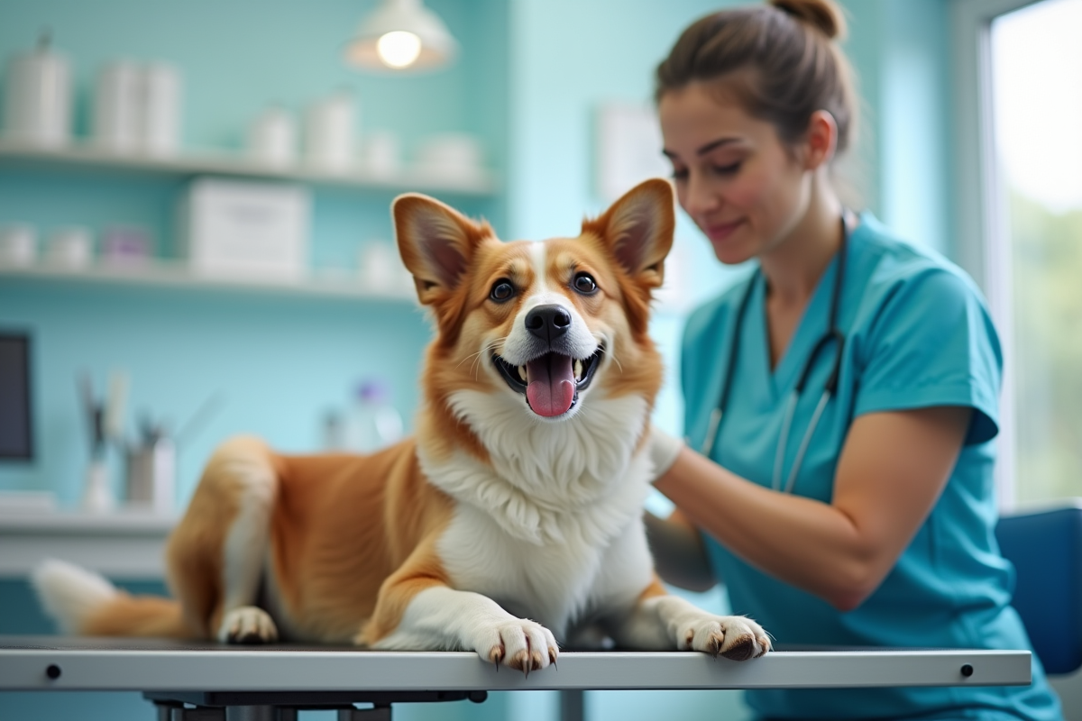 Chien heureux sur une table de toilettage en clinique moderne