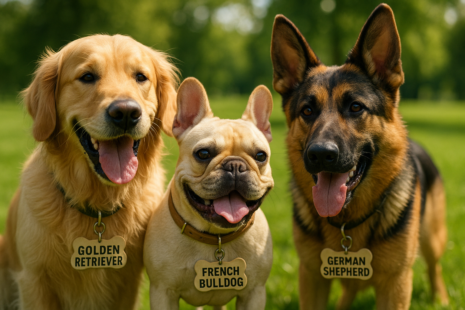 Trois chiens jouant dans un parc ensoleille avec étiquettes