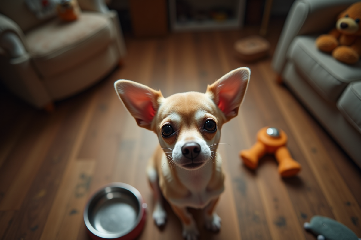 Jeune chihuahua dans un environnement encombré
