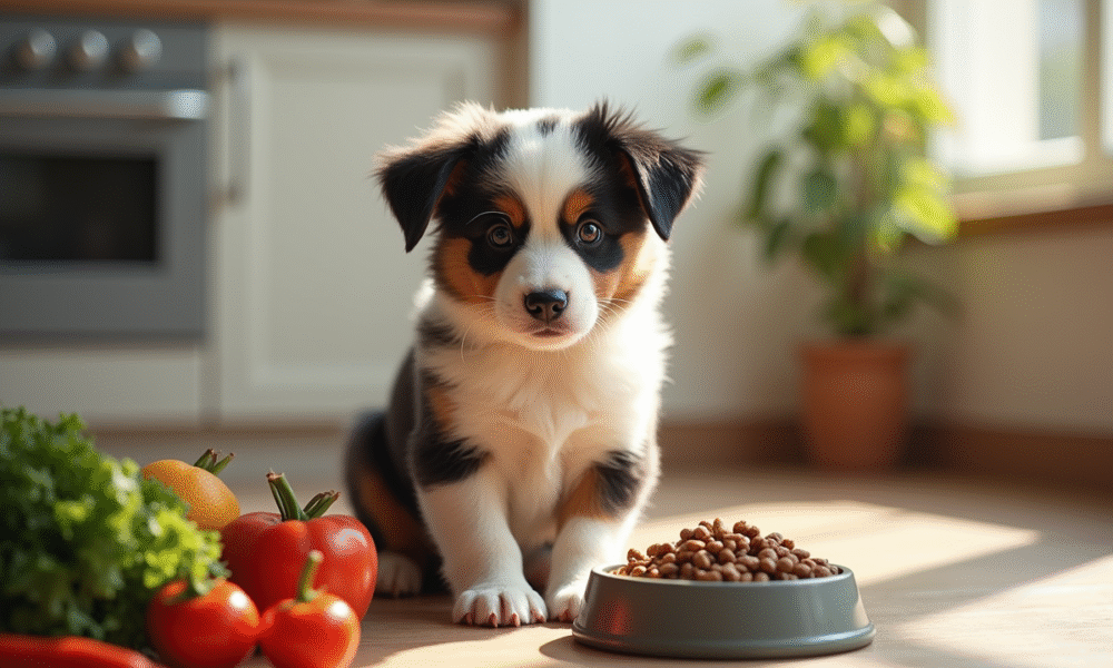 Chiot Australian Shepherd dans la cuisine avec légumes frais