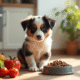 Chiot Australian Shepherd dans la cuisine avec légumes frais