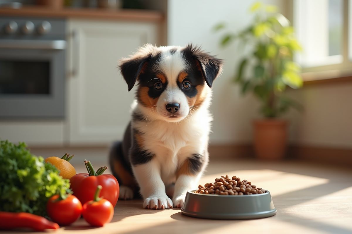 Chiot Australian Shepherd dans la cuisine avec légumes frais