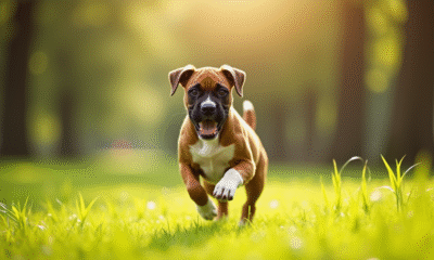 Chiot boxer courant dans un parc ensoleille