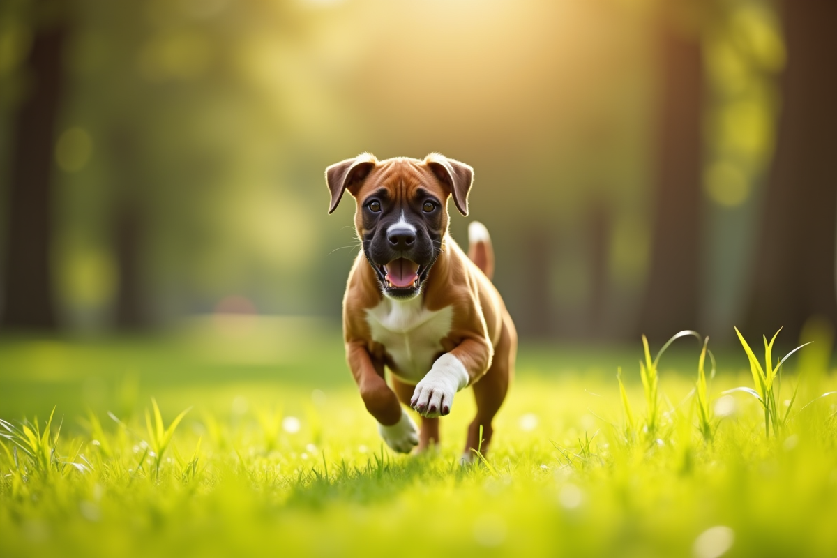 Chiot boxer courant dans un parc ensoleille