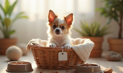 Petit chiot chihuahua dans un panier en osier lumineux