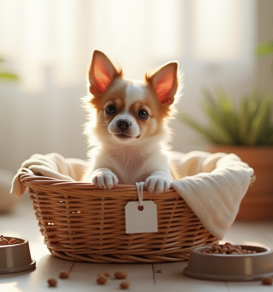 Petit chiot chihuahua dans un panier en osier lumineux