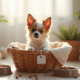 Petit chiot chihuahua dans un panier en osier lumineux