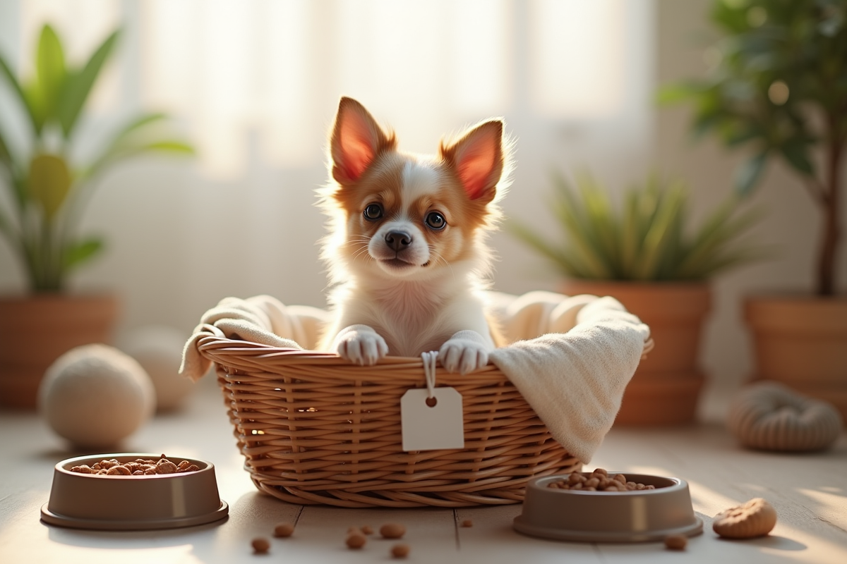 Petit chiot chihuahua dans un panier en osier lumineux