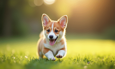 Chiot corgi courant en plein jour sur l'herbe verte