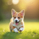 Chiot corgi courant en plein jour sur l'herbe verte