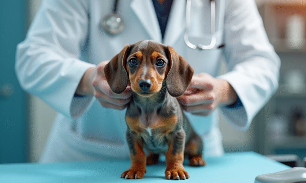 Chiot teckel miniature à l'examen chez le vétérinaire