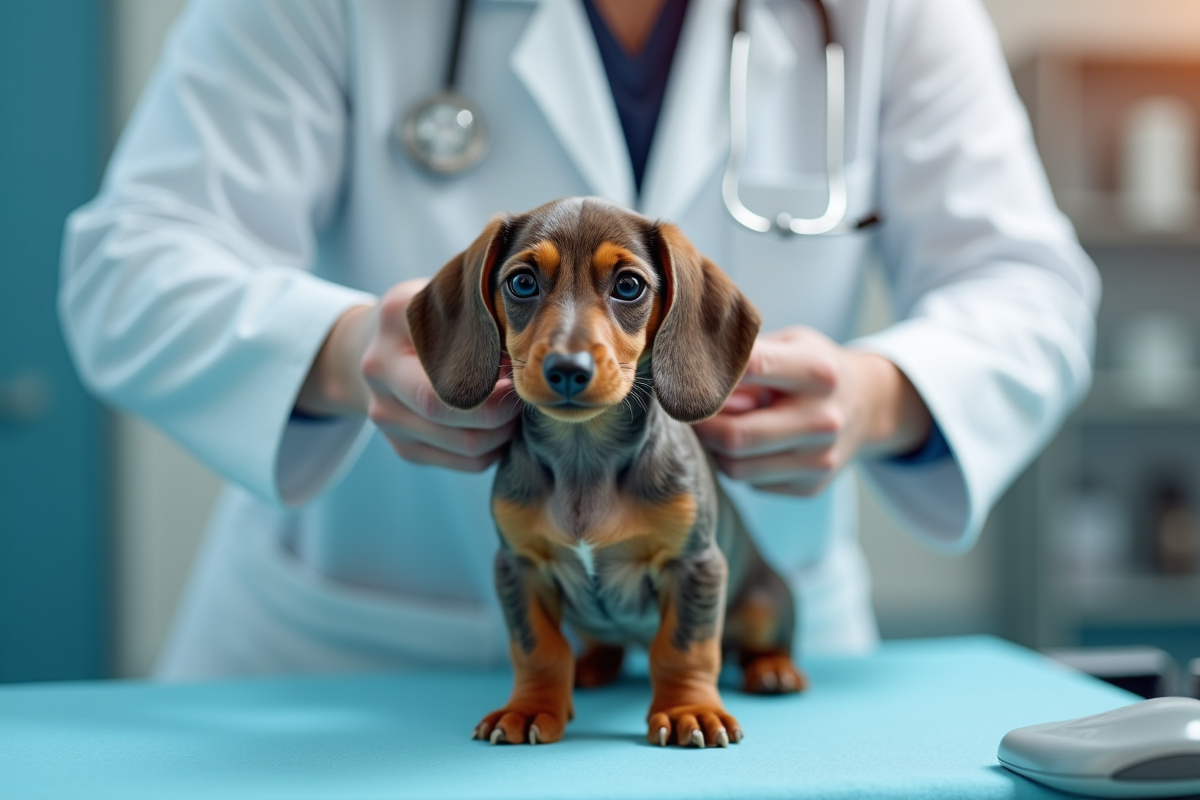 Chiot teckel miniature à l'examen chez le vétérinaire