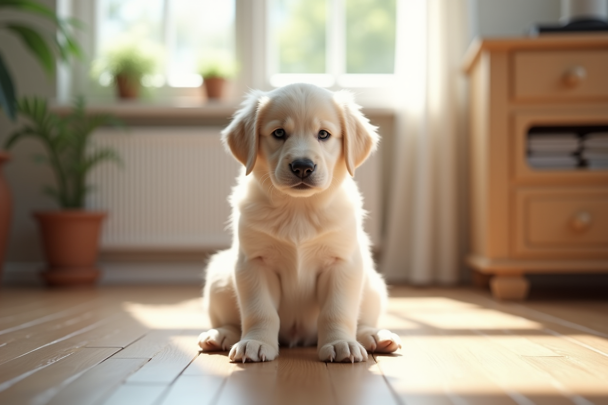 Chiot golden retriever blanc assis sur un sol en bois en intérieur