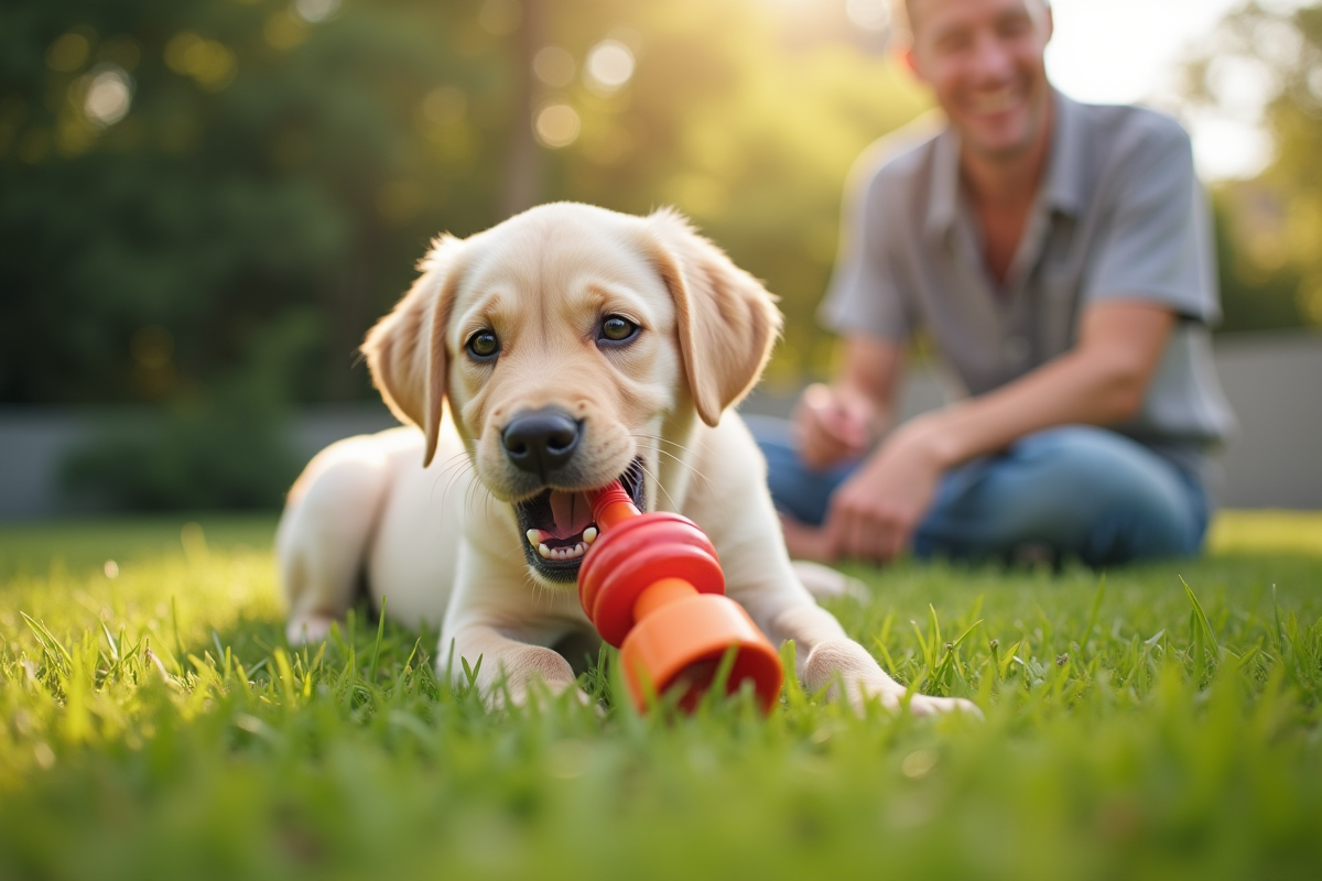 Chiot labrador jouant dans le jardin avec une personne