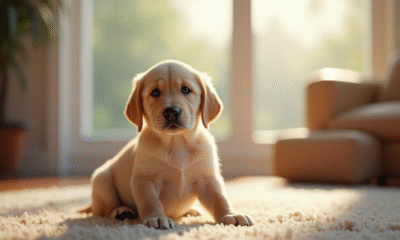 Jeune chiot labrador assis sur un tapis lumineux