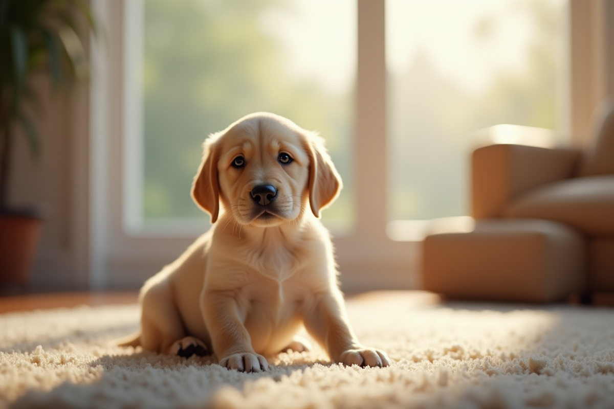 Jeune chiot labrador assis sur un tapis lumineux