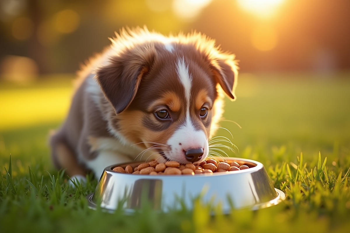 Chiot Australian Shepherd mangeant dehors au soleil couchant