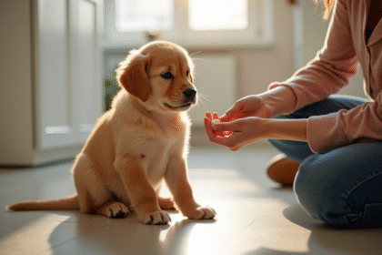Chiot retriever doré calme sur le sol de cuisine avec propriétaire