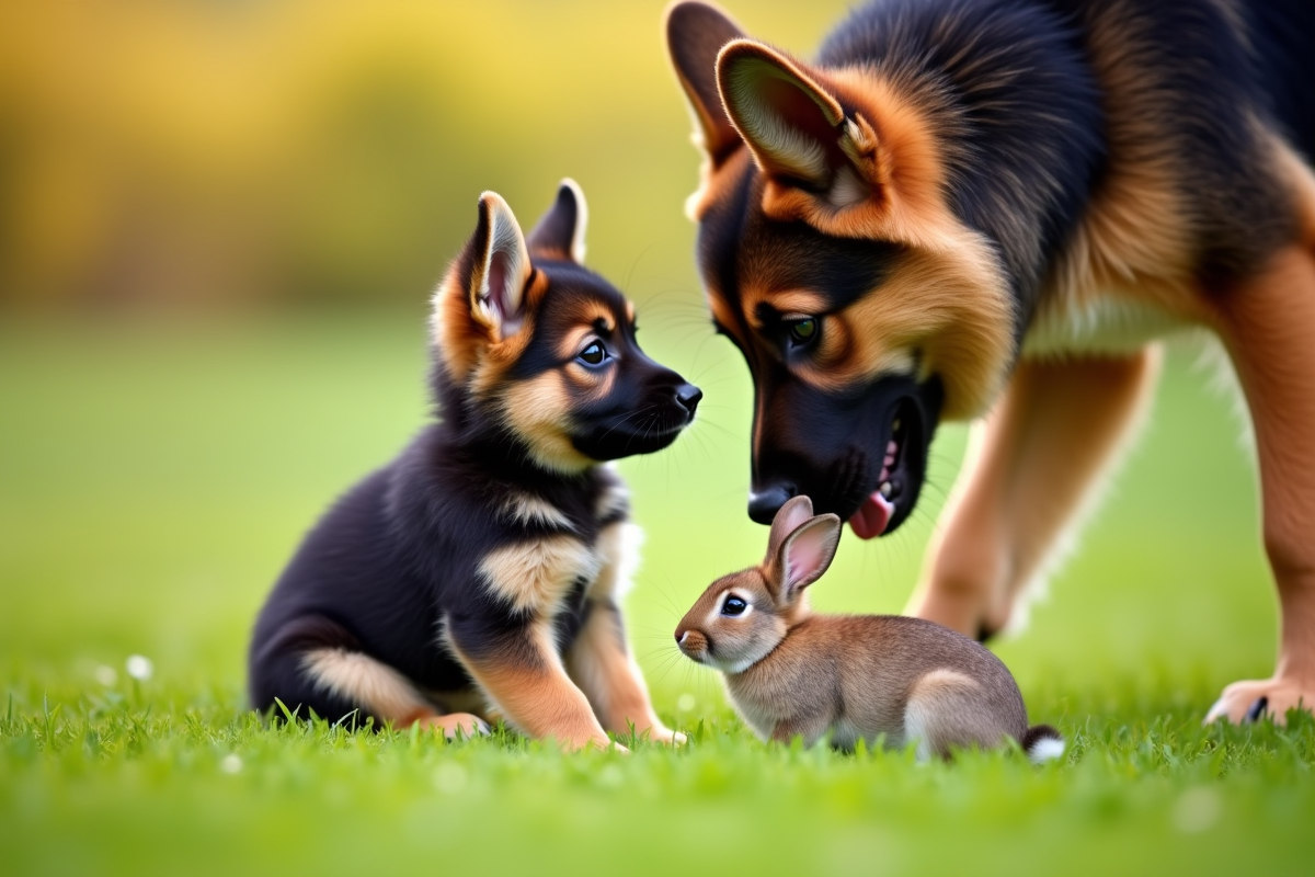 Jeune chiot berger allemand jouant avec un chien adulte et un lapin en plein air