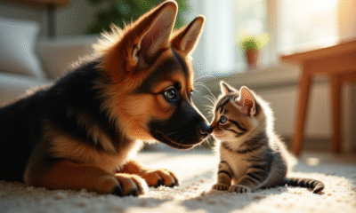 Chiot berger allemand reniflant un chaton curieux dans un salon lumineux