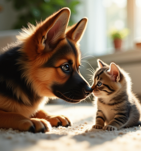 Chiot berger allemand reniflant un chaton curieux dans un salon lumineux