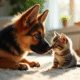 Chiot berger allemand reniflant un chaton curieux dans un salon lumineux