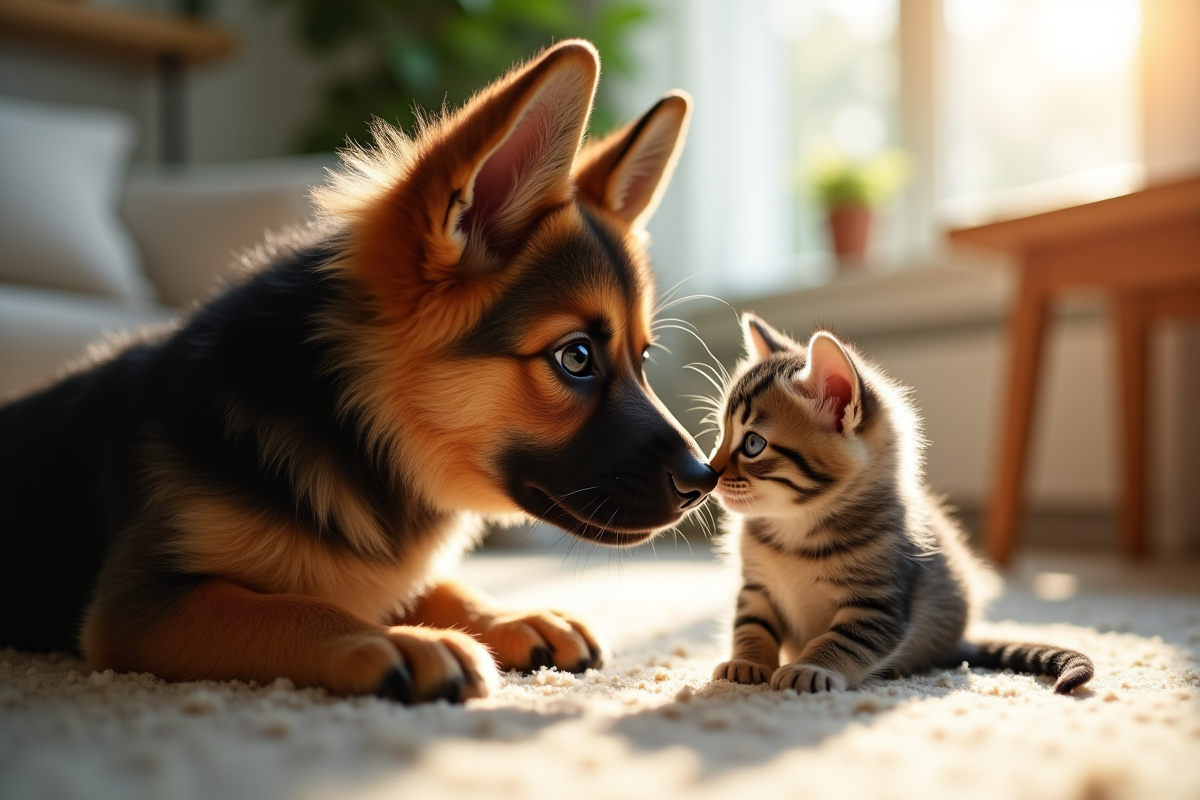 Chiot berger allemand reniflant un chaton curieux dans un salon lumineux