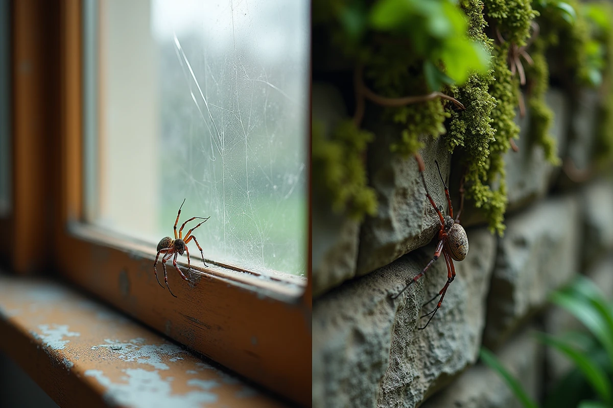 Comparaison entre une araignée en appartement sur un rebord de fenêtre et une araignée de jardin sur un mur en pierre recouvert de mousse