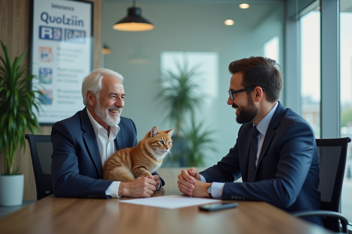 Conseiller bancaire avec un client âgé et son chat