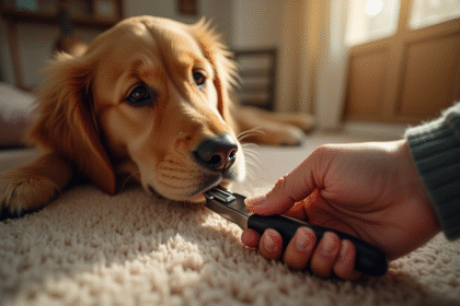 Gros plan sur la patte d'un chien retriever et un coupe-ongles