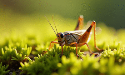 Cricket domestique sur mousse verte en macro lumineuse
