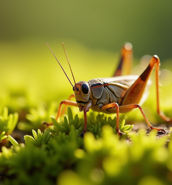 Cricket domestique sur mousse verte en macro lumineuse