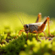 Cricket domestique sur mousse verte en macro lumineuse