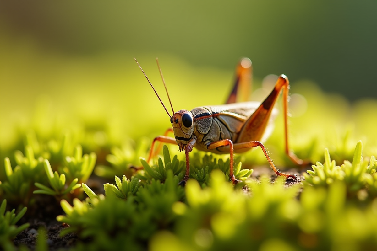 Cricket domestique sur mousse verte en macro lumineuse