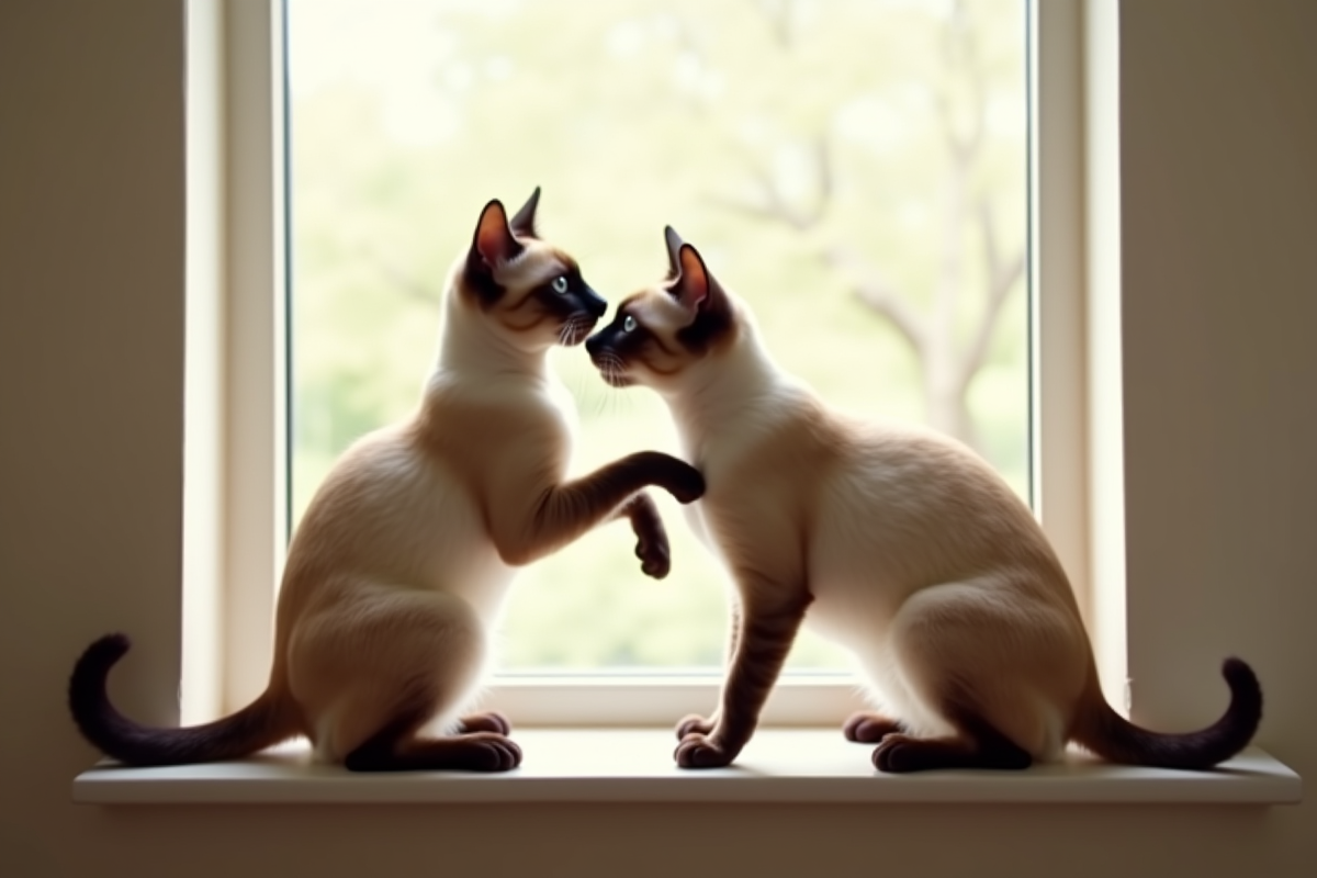 Deux chats siamois jouant sur un rebord lumineux
