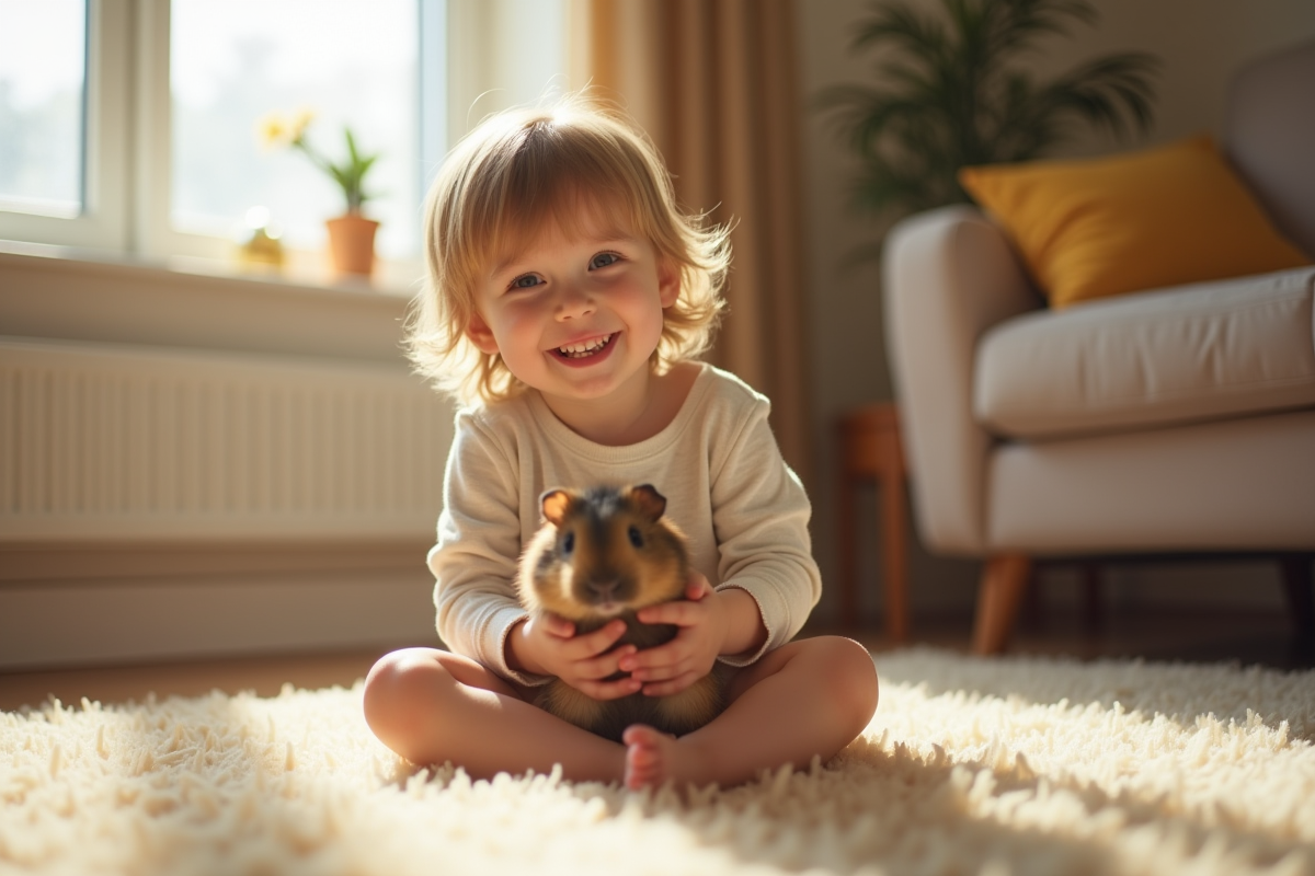 Enfant souriant tenant un cobaye dans un salon chaleureux