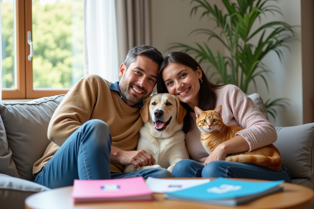 Famille heureuse avec chien et chat dans un salon lumineux