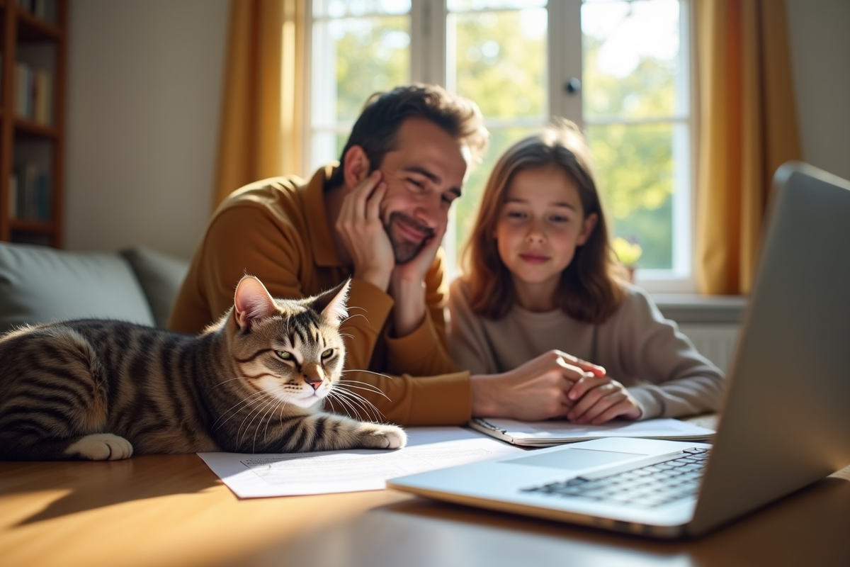 Famille discutant assurance animal avec leur chat détendu