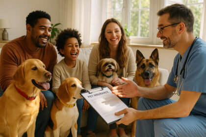 Famille heureuse avec plusieurs chiens en salon lumineux