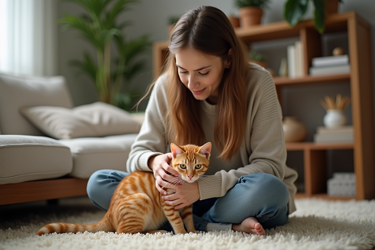 Femme tenant son chat orange dans un salon cosy