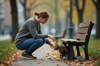 Femme en jeans tend la main à un chat craintif dans un parc urbain