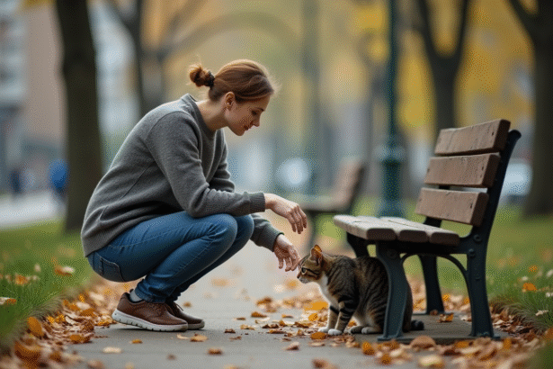 Femme en jeans tend la main à un chat craintif dans un parc urbain