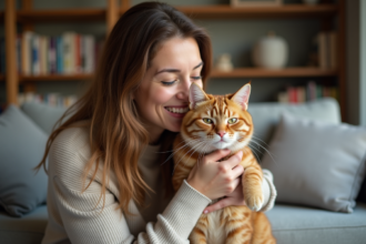 Femme souriante avec son chat ginger dans un salon cosy