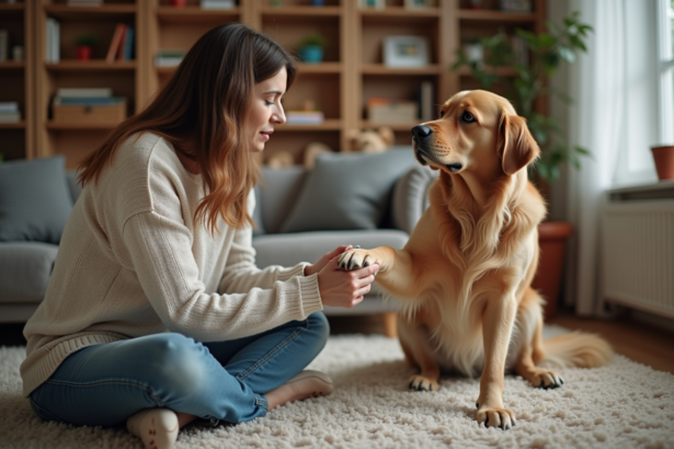 Femme caressant un chien nerveux dans un salon cosy